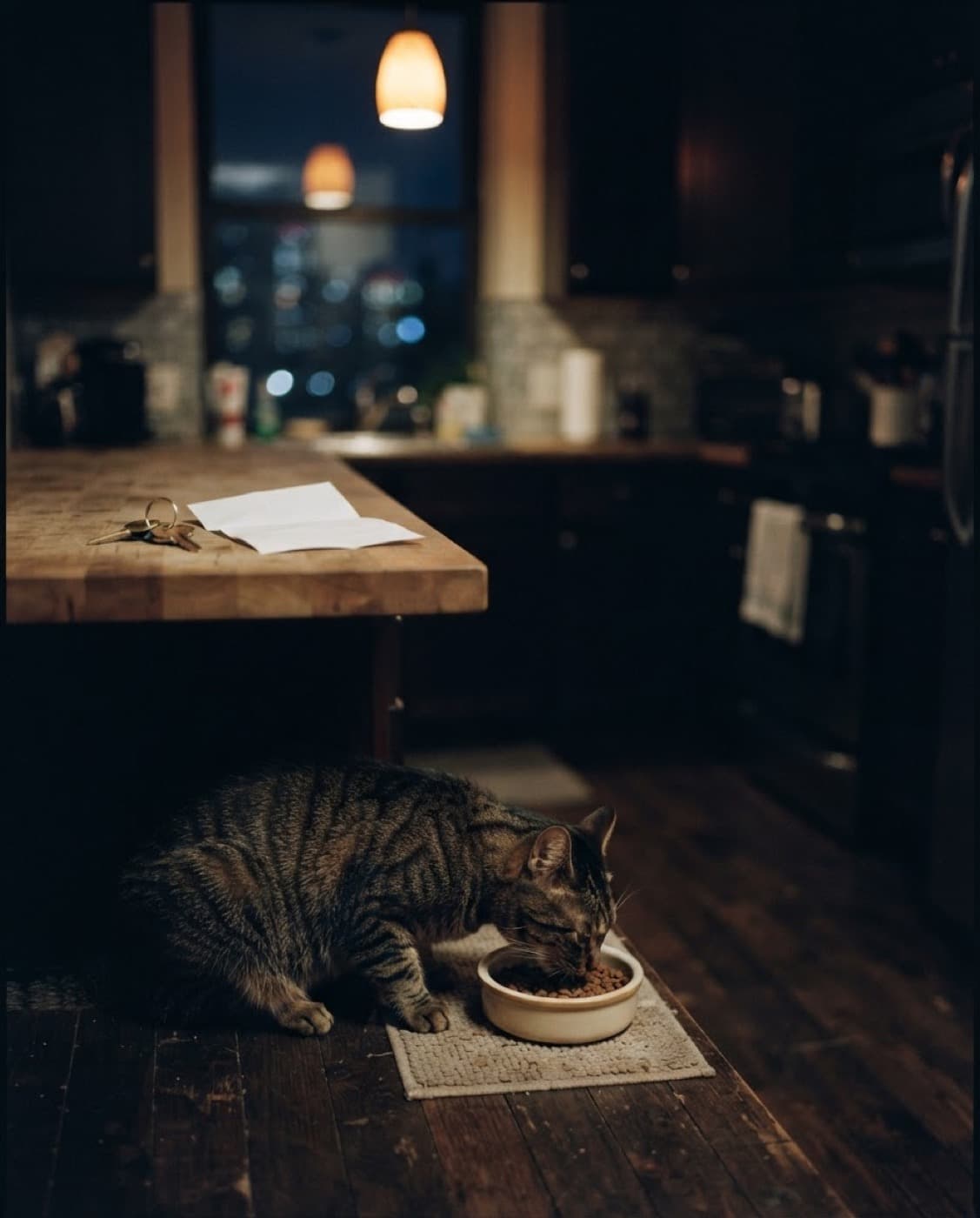 A cat eating from a bowl in a warmly lit kitchen while a visitor sets down a key.