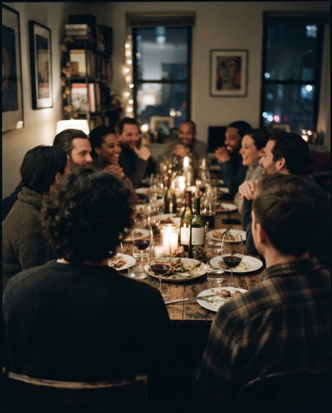 Six people around a crowded dinner table, mid-conversation, lit by candles.