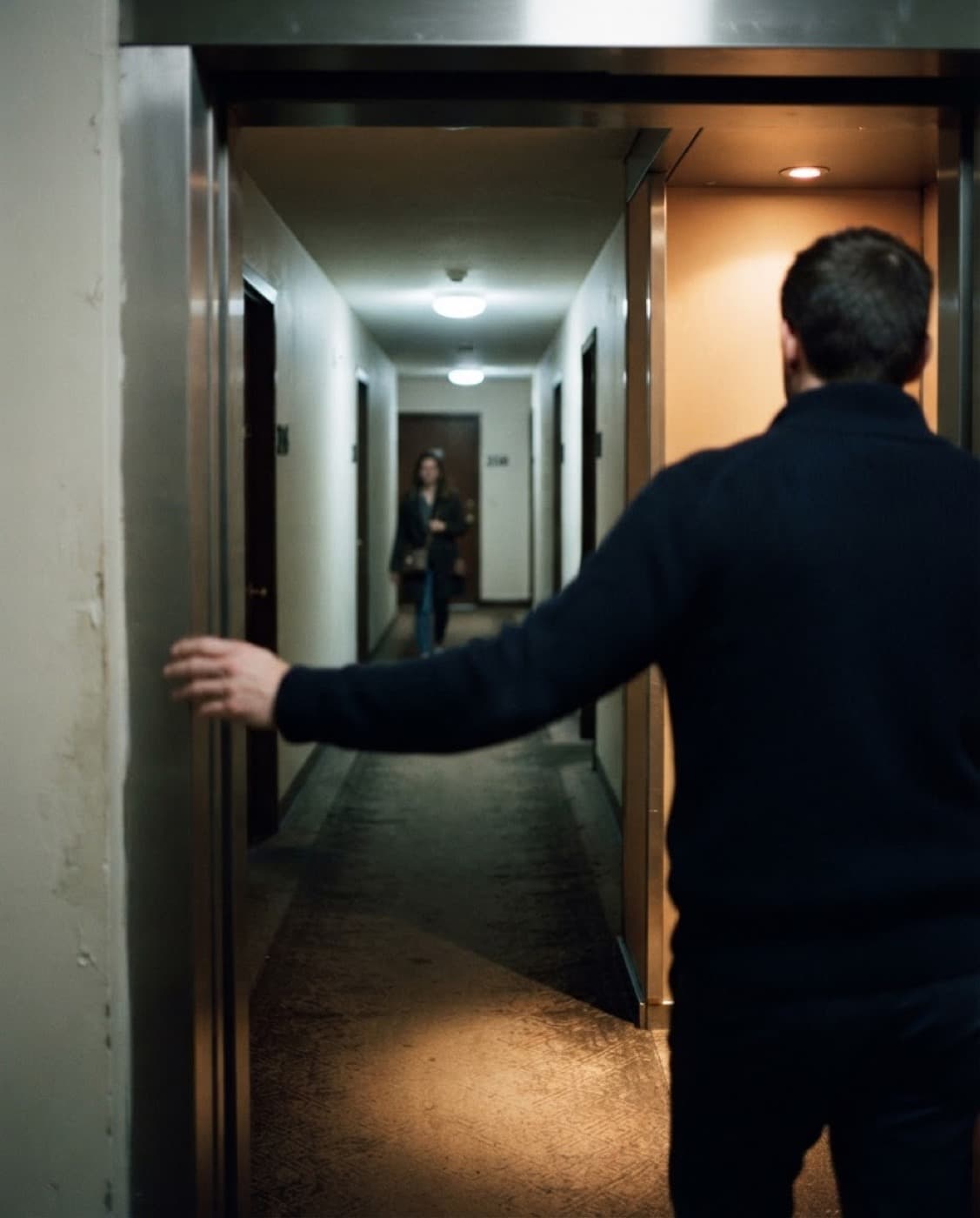 A hand holding an elevator door open for someone approaching down the corridor.
