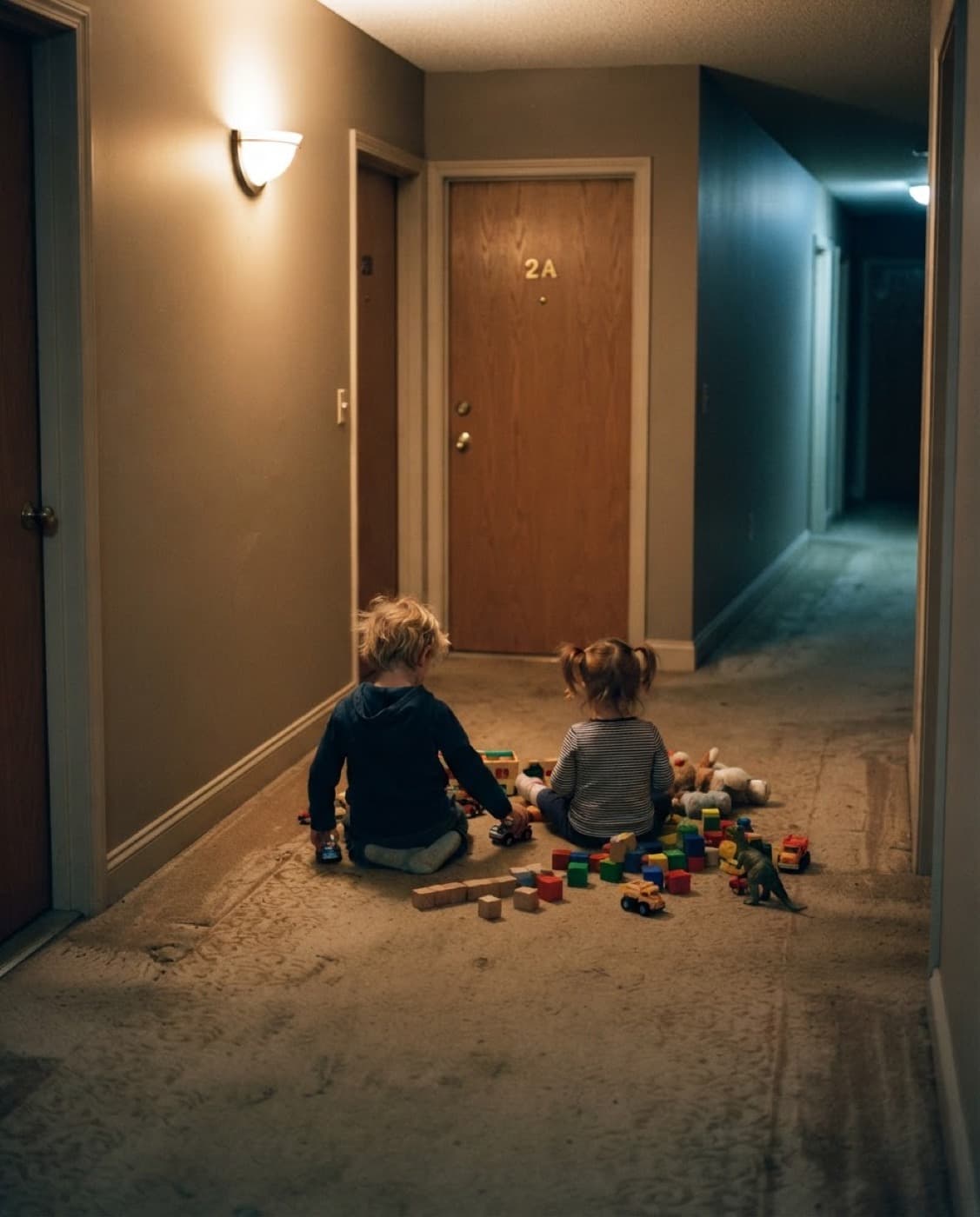 Two children playing on the carpeted landing outside their apartment doors.