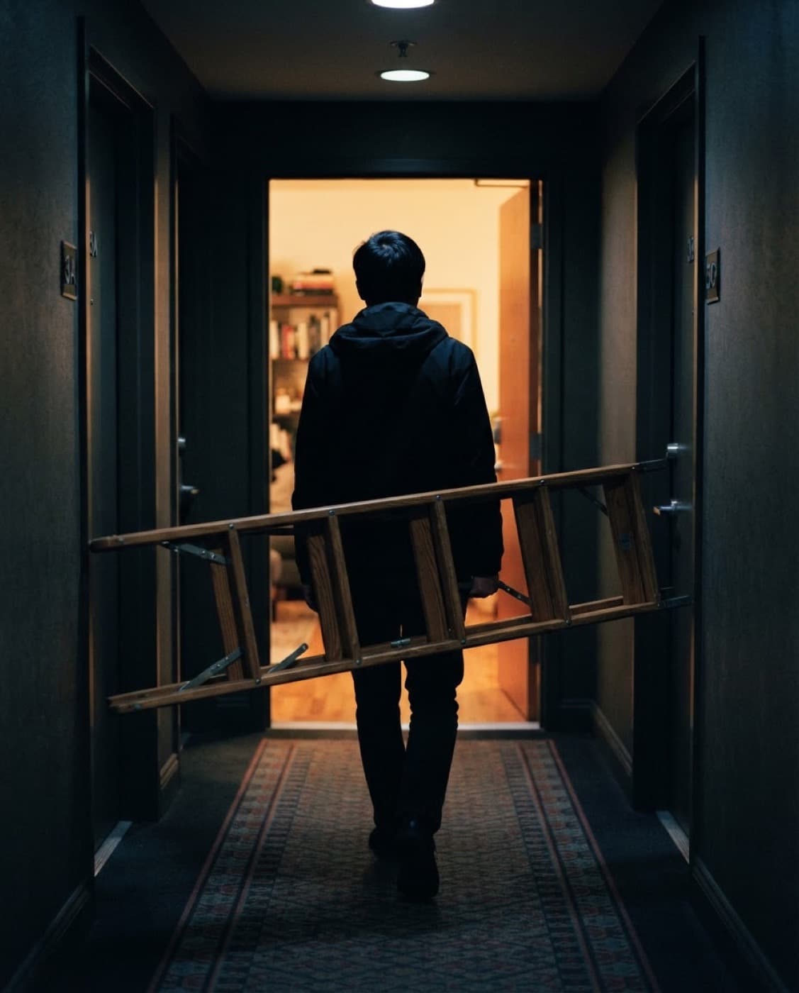 A stepladder being carried along an apartment hallway past open doors.