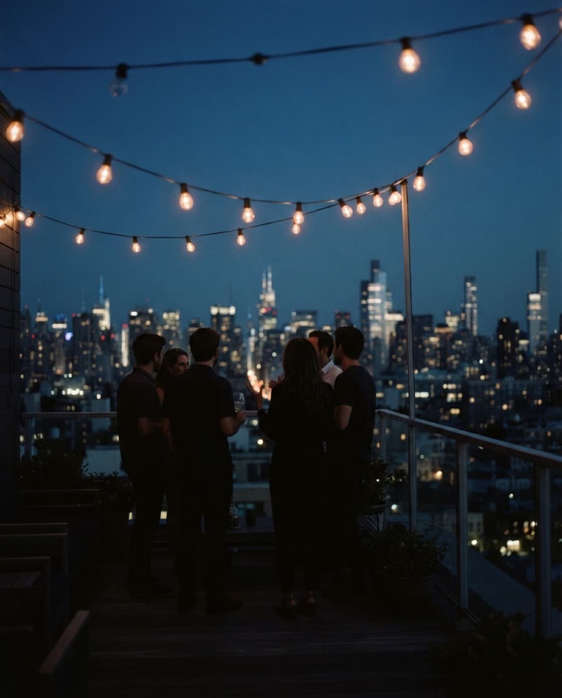 A small group gathered on a rooftop terrace at sunset, city skyline behind them.